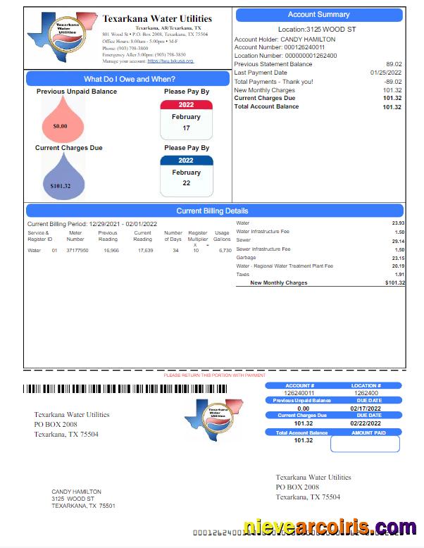 USA TEXARKANA WATER UTILITIES utility bill